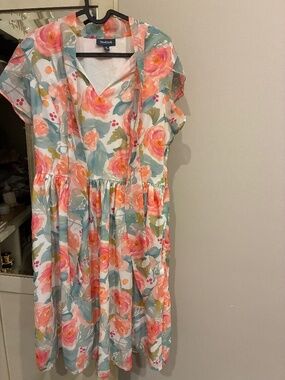 Floral Midi Dress | Coral & Blue Watercolor Print